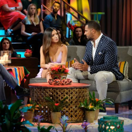 Nicole Lopez-Alvar and Clay Harbour on a talk show. Is Nicole dating her Bachelor in Paradise co-star, Clay?